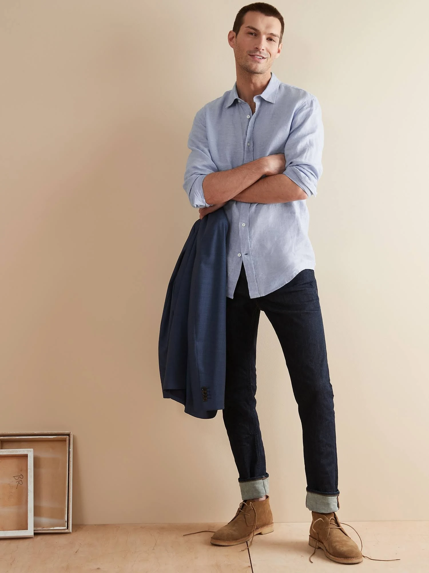 Banana Republic Men's Untucked Slim-Fit Linen-Cotton Shirt Cerulean Blue Linen & Cotton Size M