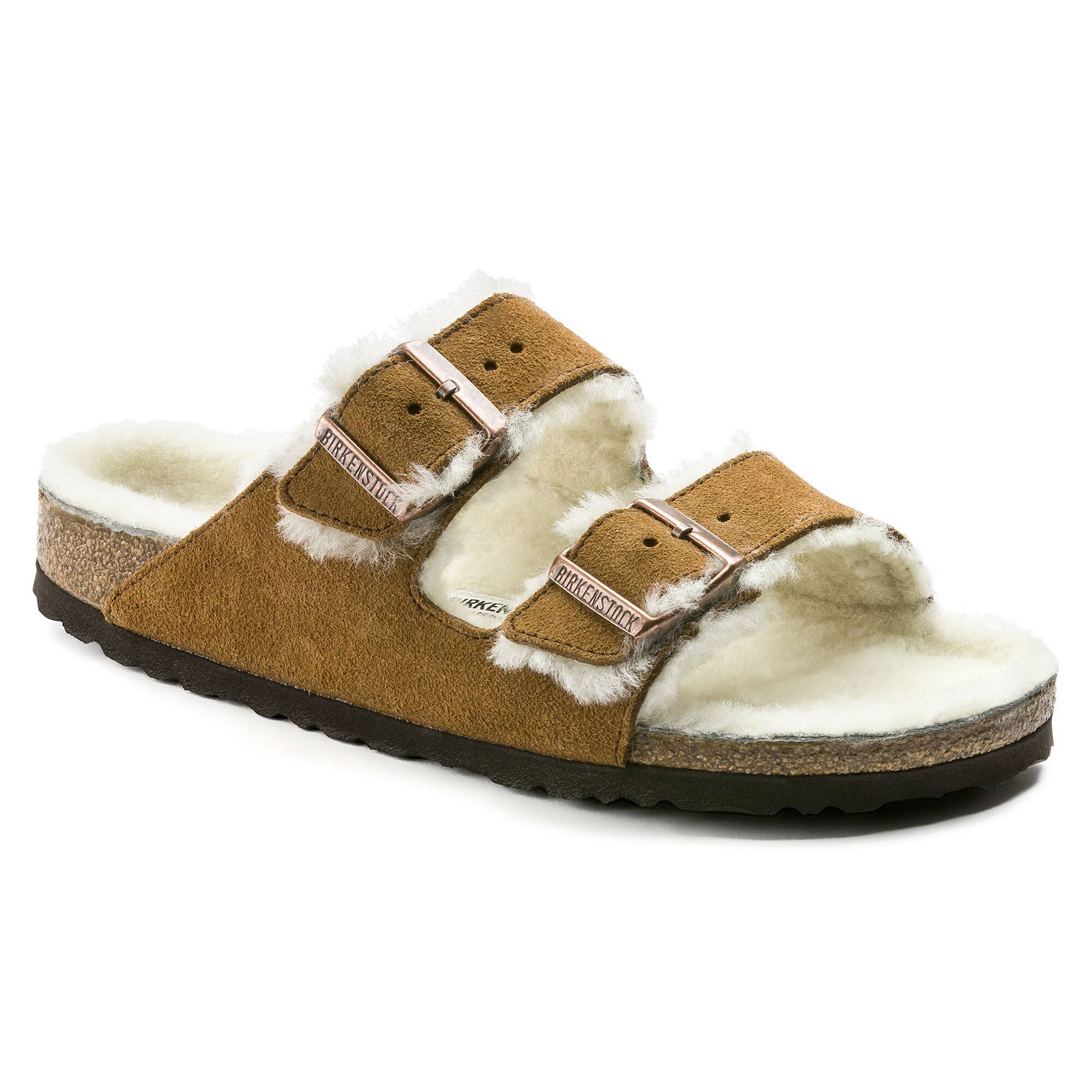 Birkenstock Arizona Suede Leather Mink Shearling Two-Strap Sandals - Size 8