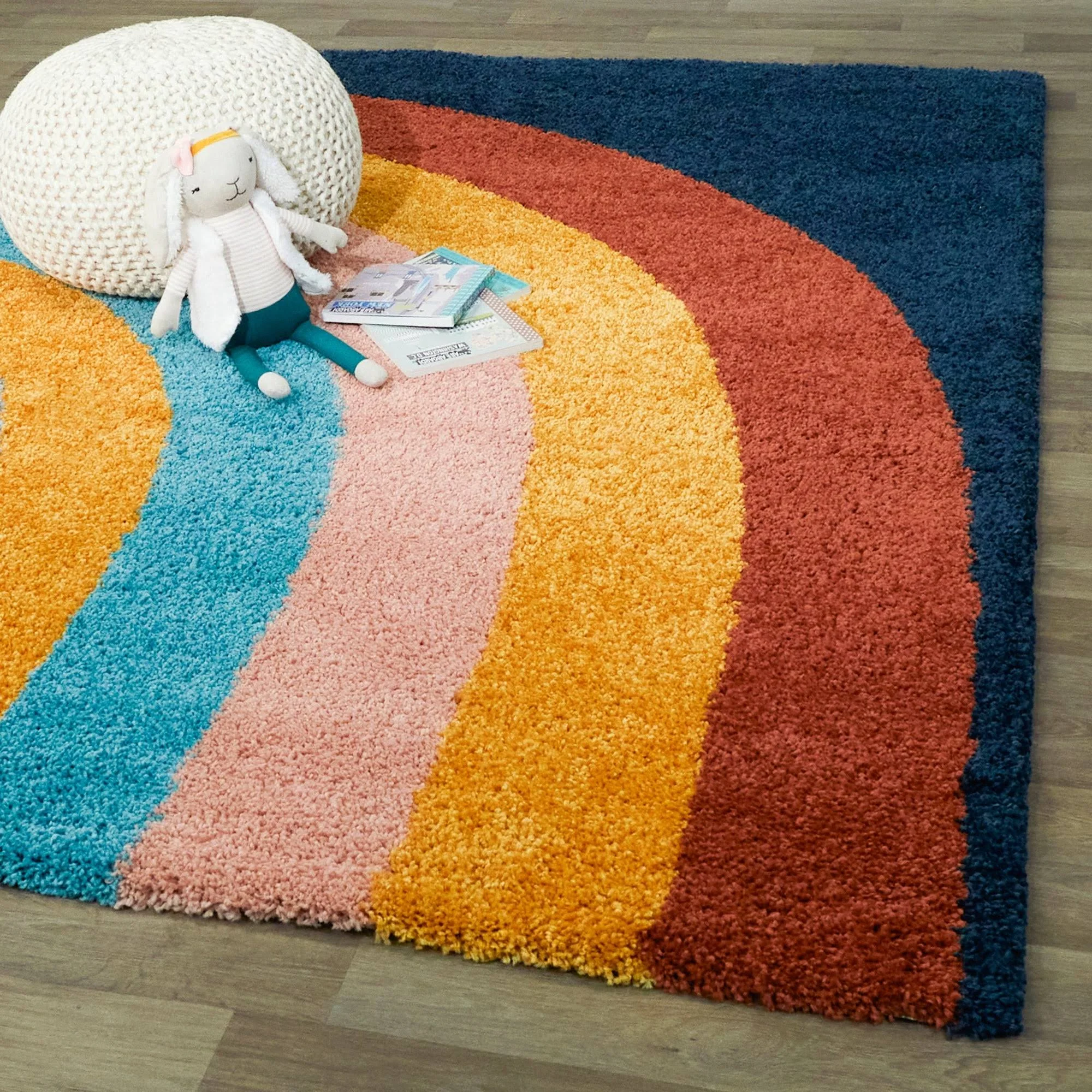 Amelia Rainbow Print Shag Boy & Girl Kids Area Rug - 2&2x22 x 7& Runner - Navy Blue
