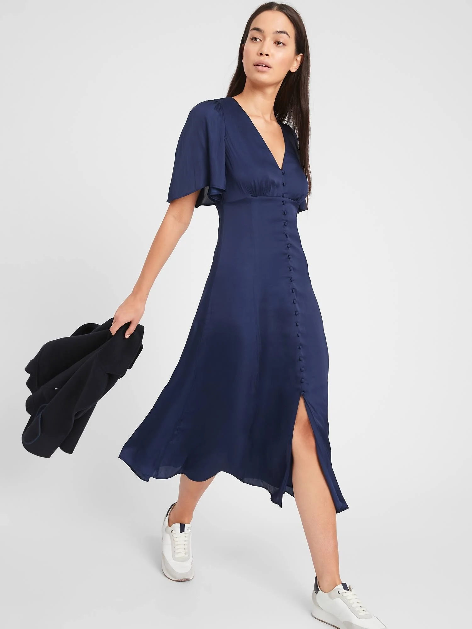 Banana Republic Women's Satin Flutter-Sleeve Midi Dress Night Flight Navy Size 0