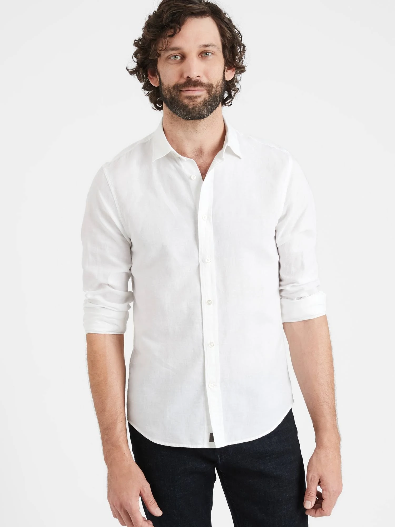 Banana Republic Men's Untucked Slim-Fit Linen-Cotton Shirt White Size XL
