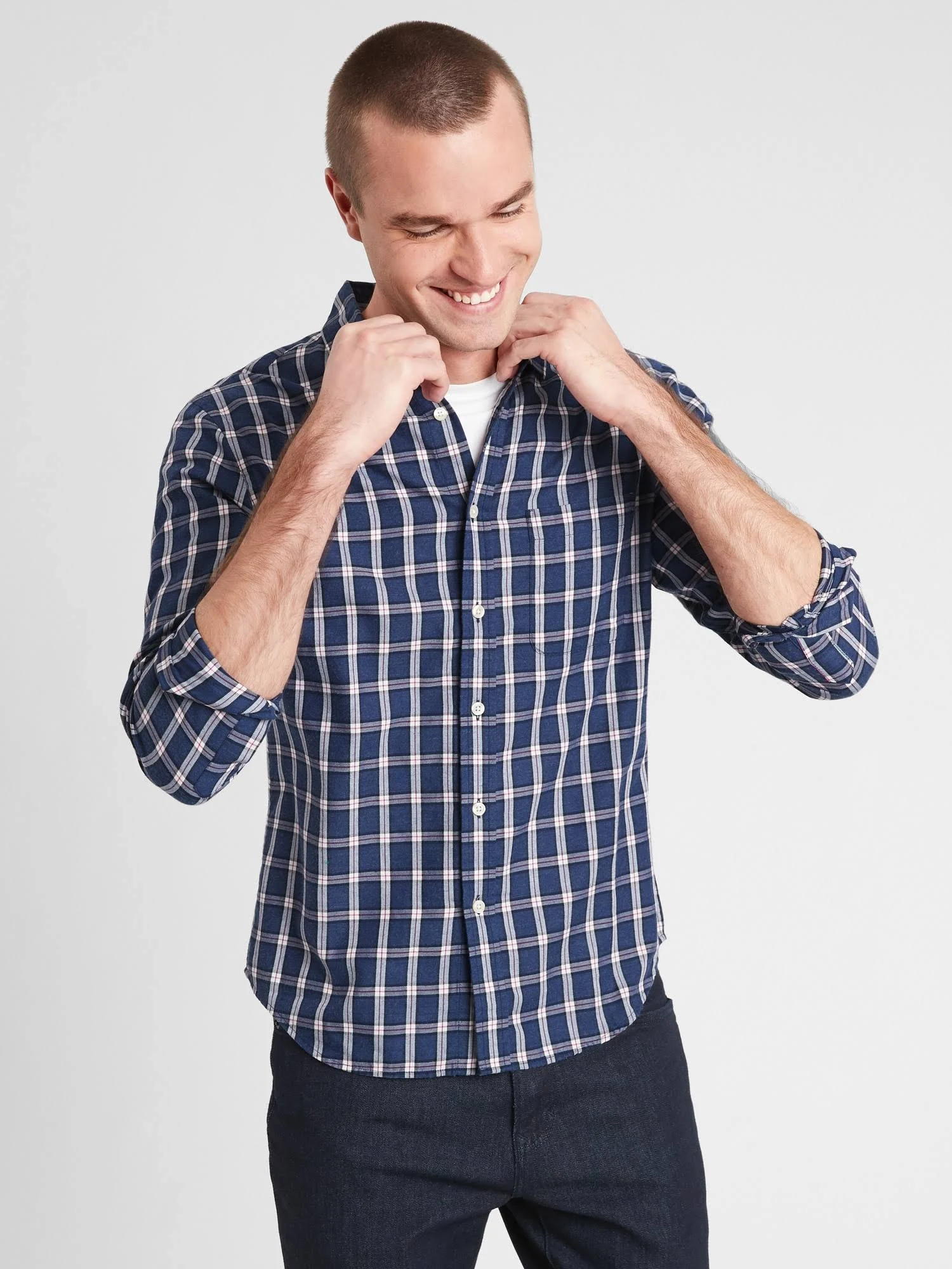 Men's Slim-Fit Untucked Flannel Shirt Purple Blue Plaid