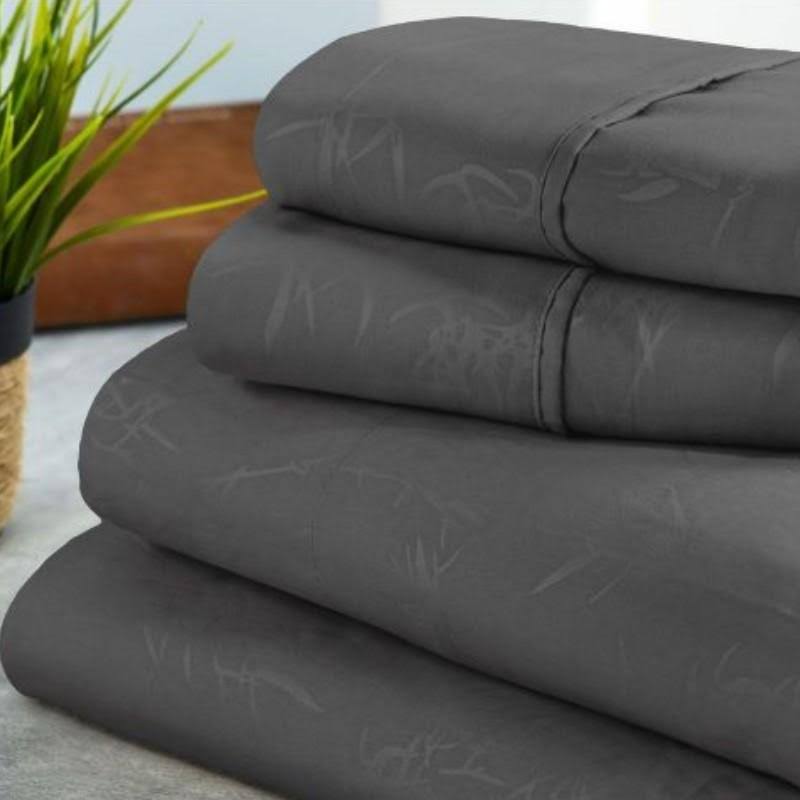 Bamboo 1800 Count Leaf Embossed Bed Sheet Set Gray / Queen