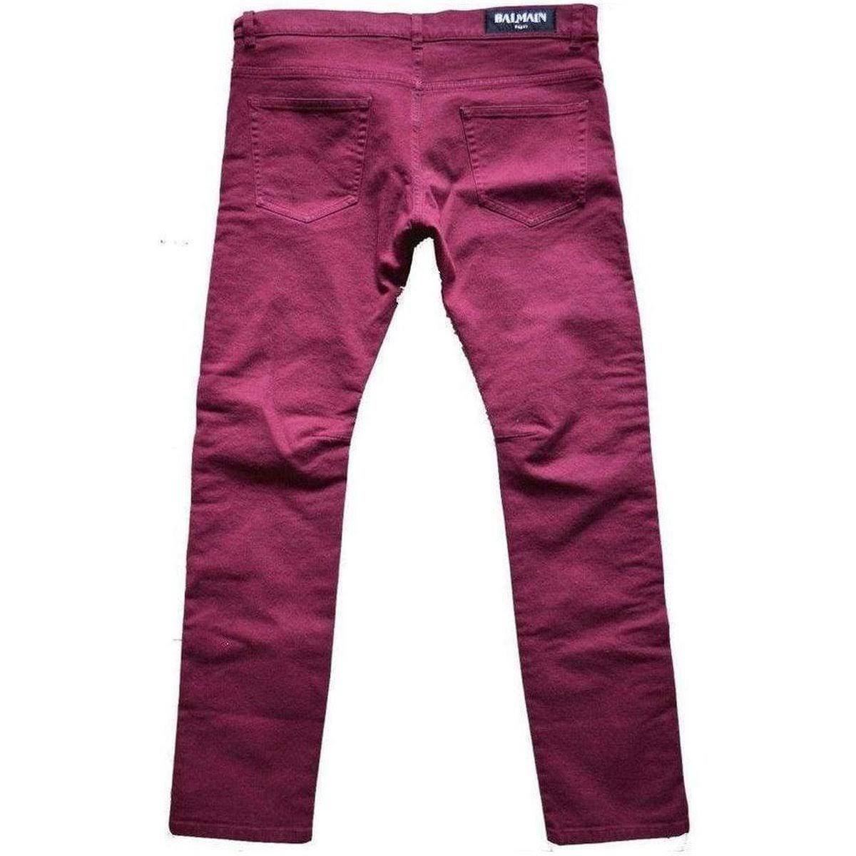 Balmain Burgundy Embroidered Trimming Slim Stretch Jeans - FR 32 / Red / Cotton