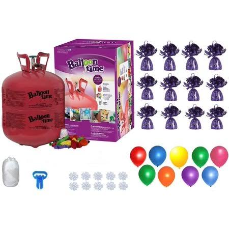 Helium Tank with 50 Balloons and White Ribbon + 12 Purple Balloon Weights + 10 Flower Clips - Plus Balloon Tying Tool