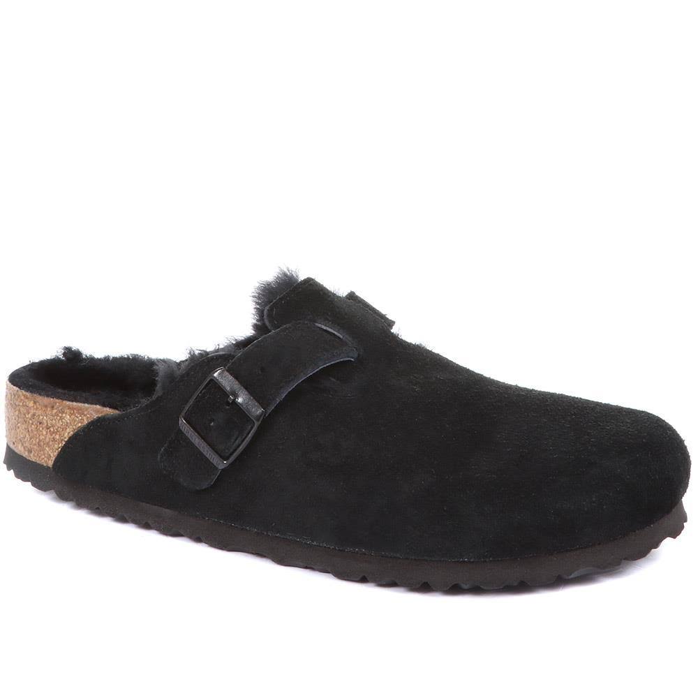 Birkenstock Boston Suede Leather Black Shearling Clogs