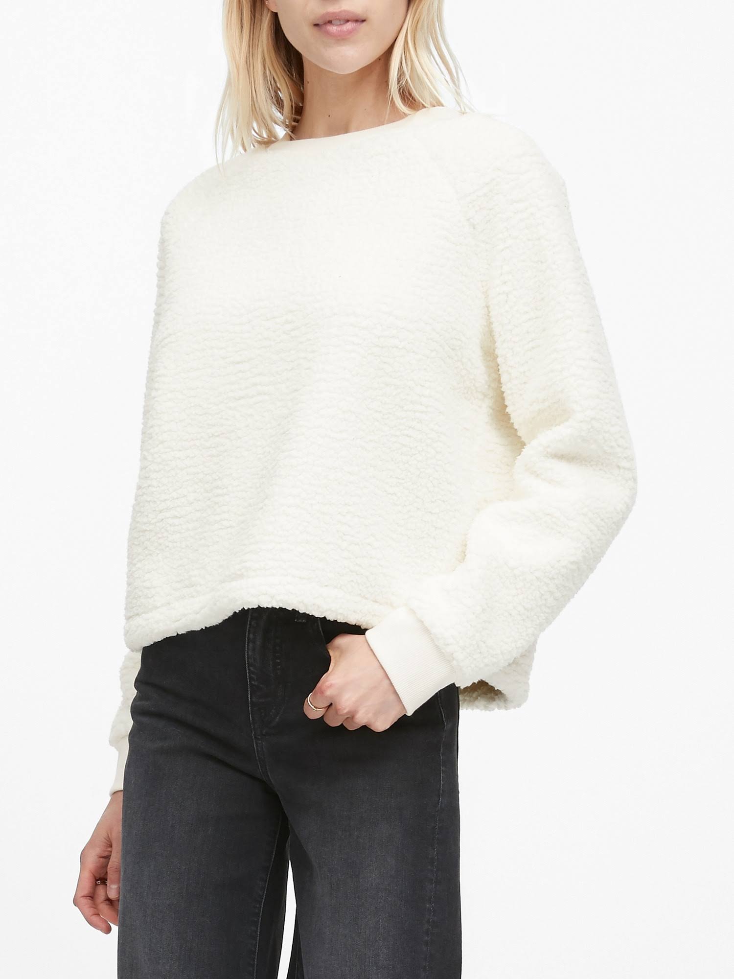 Banana Republic Women's Sherpa Fleece Crew-Neck Sweatshirt White Size XL