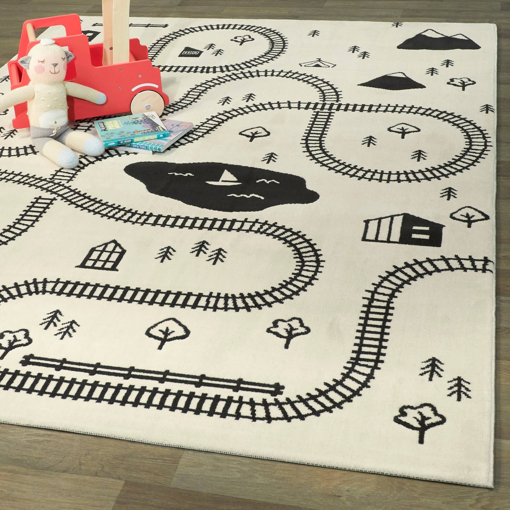 BALTA Train Town Cream 5 ft. x 7 ft. Kids Area Rug, Ivory