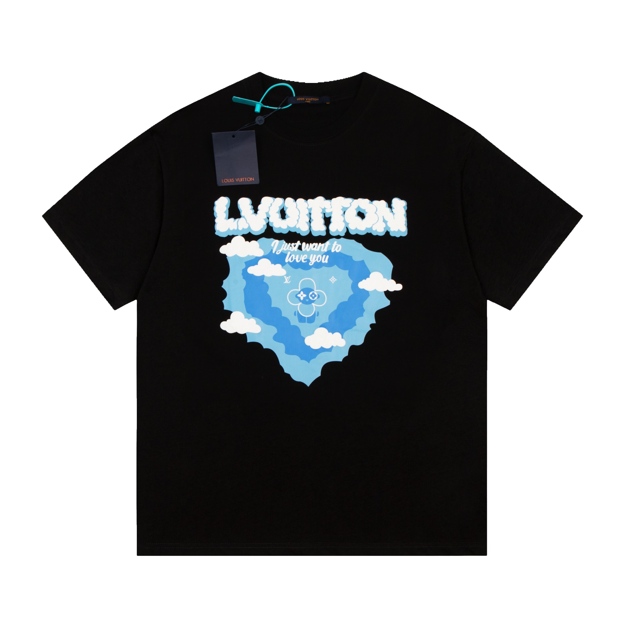 Louis Vuitton 23ss Blue Sky White Cloud Print Suede Foam Short Sleeve Black 6.14