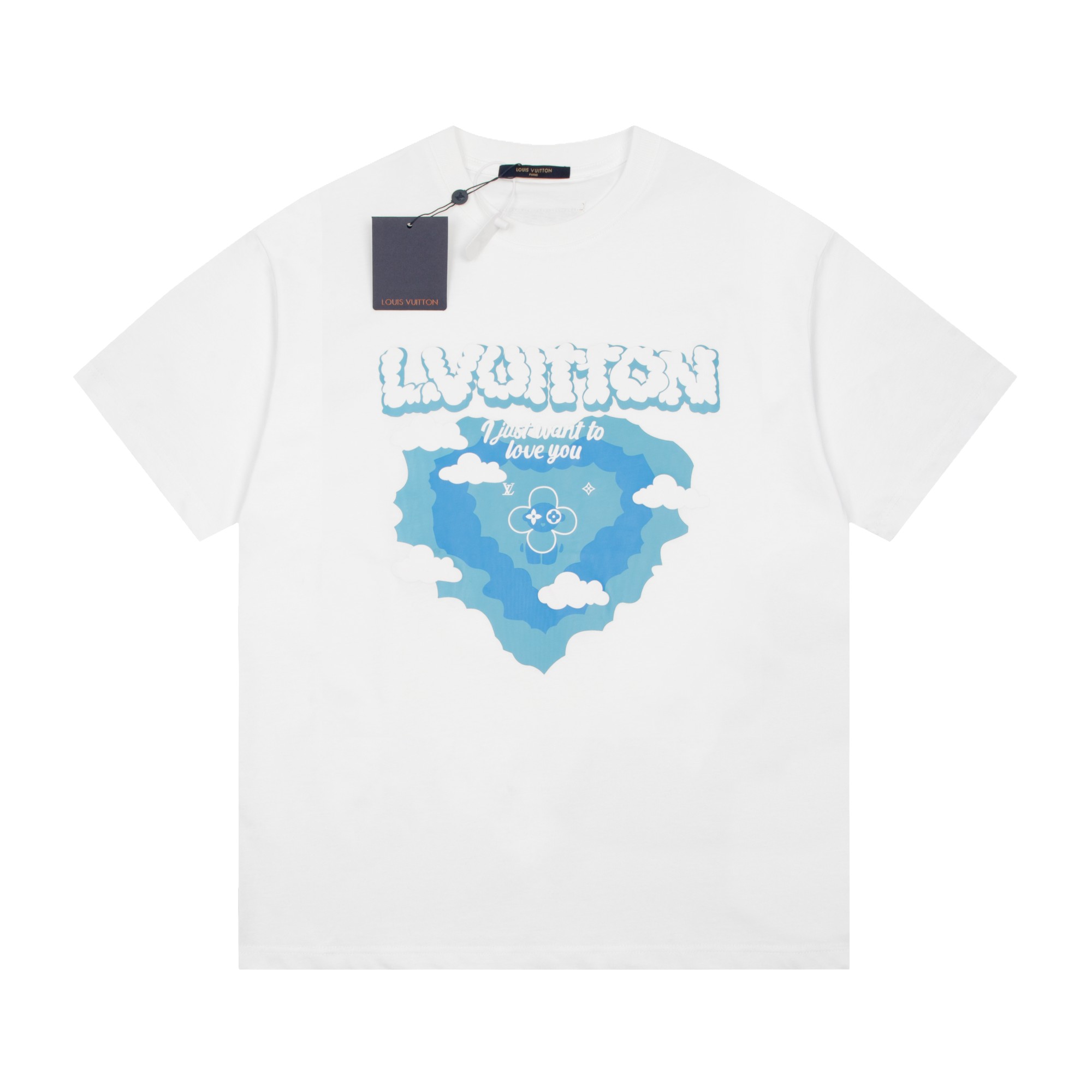 Louis Vuitton 23ss Blue Sky White Cloud Print Suede Foam Short Sleeve White 6.14