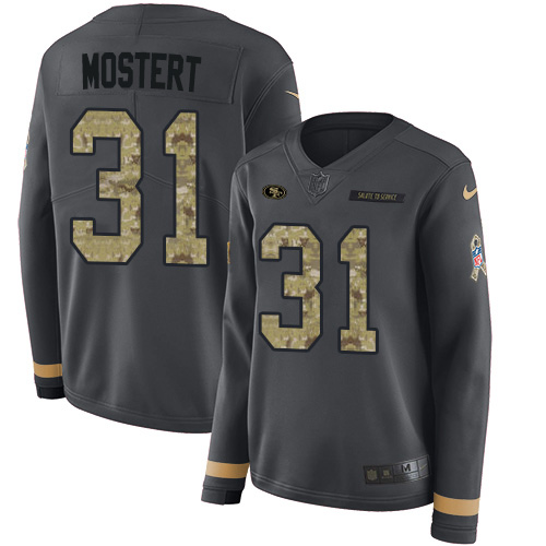 San Francisco 49ers #31 Raheem Mostert Anthracite Salute to Service Women's Stitched Limited Therma Long Sleeve Jersey Womens