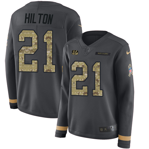 Cincinnati Bengals #21 Mike Hilton Anthracite Salute to Service Women's Stitched Limited Therma Long Sleeve Jersey Womens