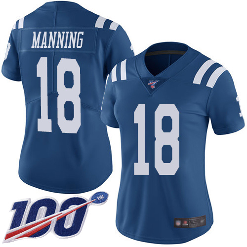 Indianapolis Colts #18 Peyton Manning Royal Blue Women's Stitched Limited Rush 100th Season Jersey Womens