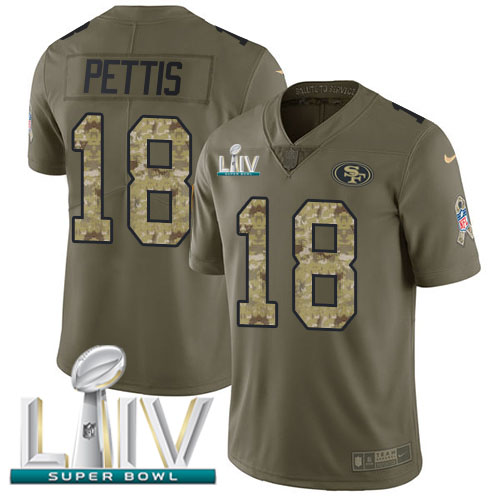 San Francisco 49ers #18 Dante Pettis Olive/Camo Super Bowl LIV 2020 Men's Stitched Limited 2017 Salute To Service Jersey Men's