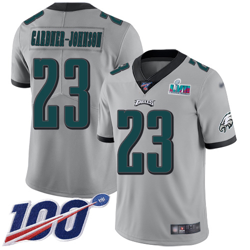 Eagles #23 C.J. Gardner-Johnson Silver Super Bowl LVII Patch Men's Stitched Limited Inverted Legend 100th Season Jersey