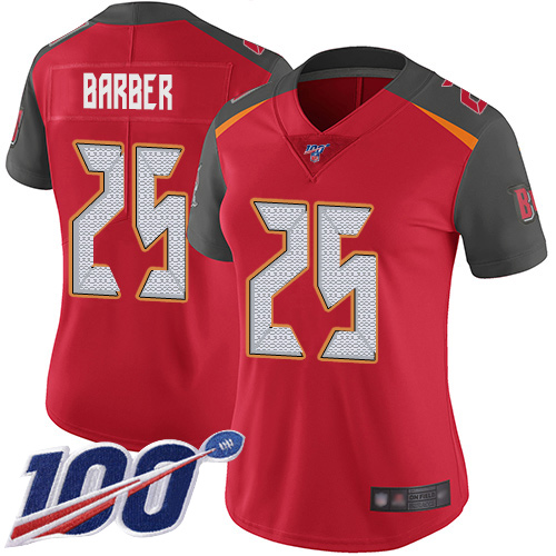 Tampa Bay Buccaneers #25 Peyton Barber Red Team Color Women's Stitched 100th Season Vapor Limited Jersey Womens