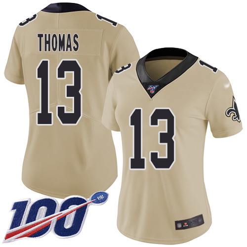 Saints #13 Michael Thomas Gold Women's Stitched Limited Inverted Legend 100th Season Jersey