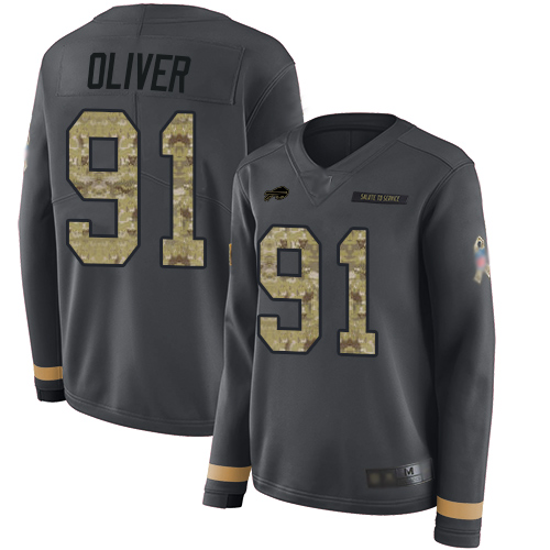 Buffalo Bills #91 Ed Oliver Anthracite Salute to Service Women's Stitched Limited Therma Long Sleeve Jersey Womens
