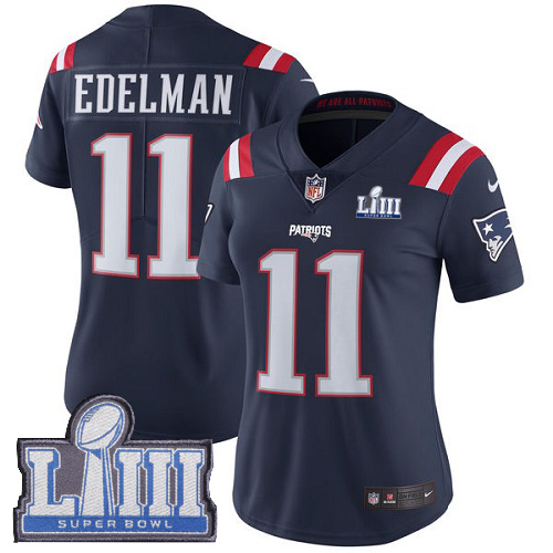 Patriots #11 Julian Edelman Navy Blue Super Bowl LIII Bound Women's Stitched Limited Rush Jersey