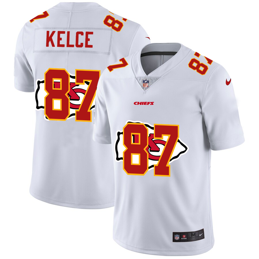 Kansas City Chiefs #87 Travis Kelce White Men's Team Logo Dual Overlap Limited Jersey