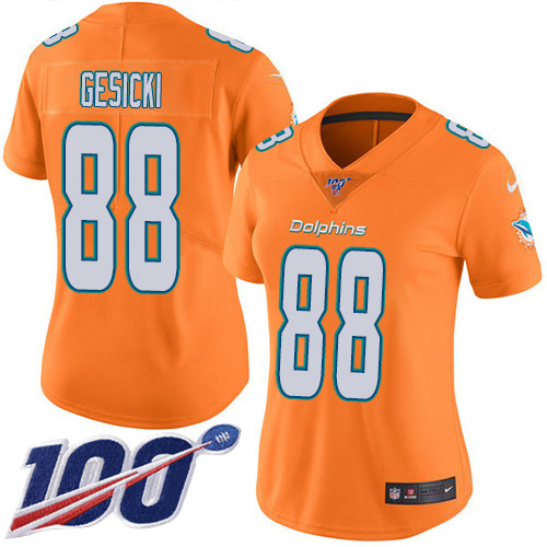 Dolphins #88 Mike Gesicki Orangen Women's Stitched Limited Rush 100th Season Jersey