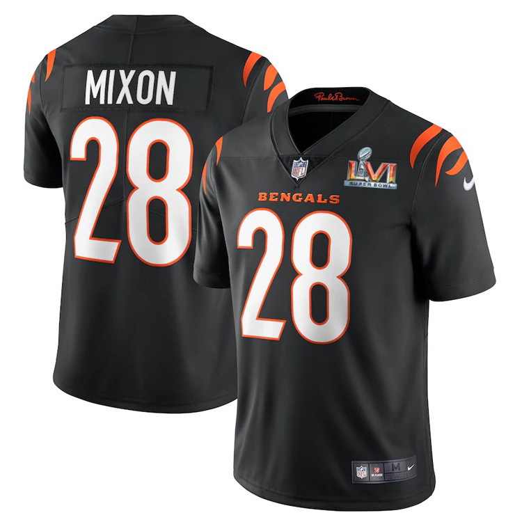 Cincinnati Bengals #28 Joe Mixon Black Super Bowl LVI Patch Youth Vapor Limited Jersey