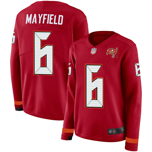 Buccaneers #6 Baker Mayfield Red Team Color Women's Stitched Limited Therma Long Sleeve Jersey