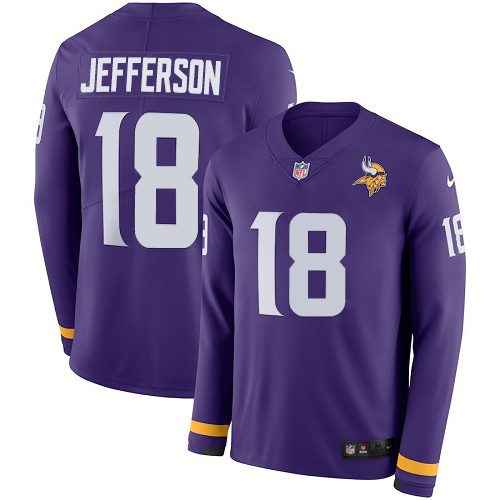 Vikings #18 Justin Jefferson Purple Team Color Youth Stitched Limited Therma Long Sleeve Jersey