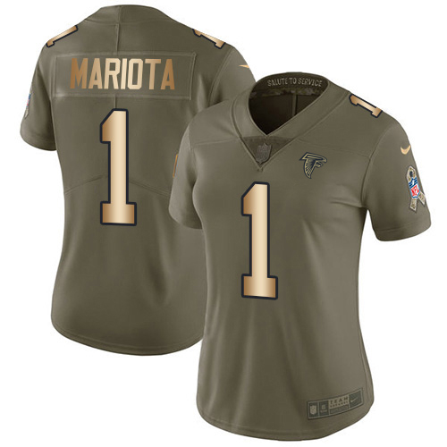 Falcons #1 Marcus Mariota Olive/Gold Stitched Women's Limited 2017 Salute To Service Jersey