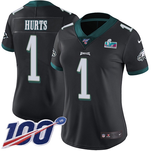 Eagles #1 Jalen Hurts Black Super Bowl LVII Patch Alternate Women's Stitched 100th Season Vapor Limited Jersey