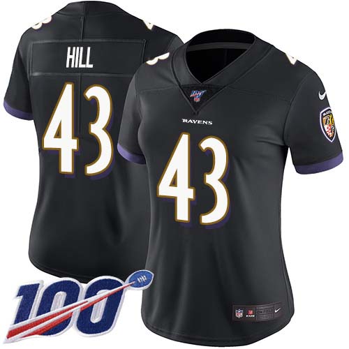 Baltimore Ravens #43 Justice Hill Black Alternate Women's Stitched 100th Season Vapor Untouchable Limited Jersey Womens