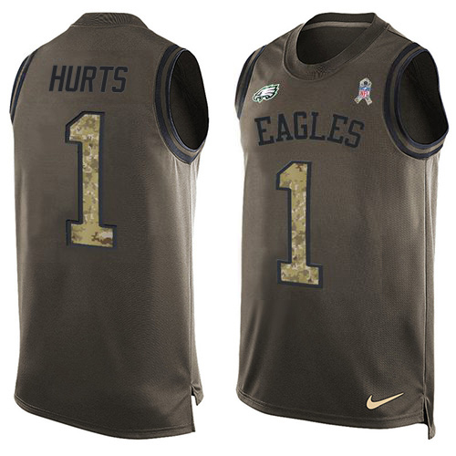 Eagles #1 Jalen Hurts Green Men's Stitched Limited Salute To Service Tank Top Jersey