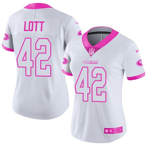 San Francisco 49ers #42 Ronnie Lott White/Pink Women's Stitched Limited Rush Fashion Jersey Womens