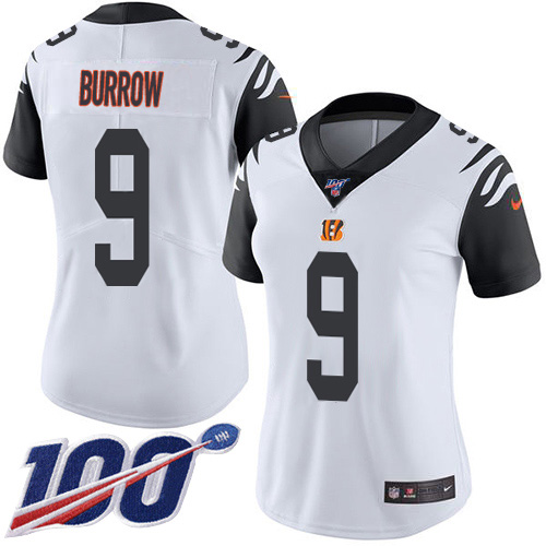 Bengals #9 Joe Burrow White Women's Stitched Limited Rush 100th Season Jersey