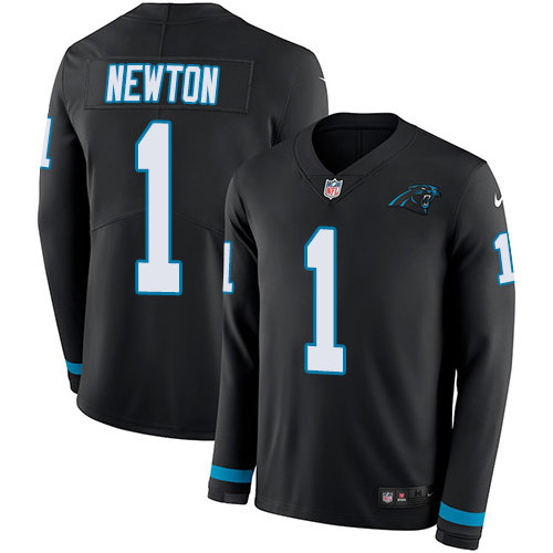 Carolina Panthers #1 Cam Newton Black Team Color Youth Stitched Limited Therma Long Sleeve Jersey Youth