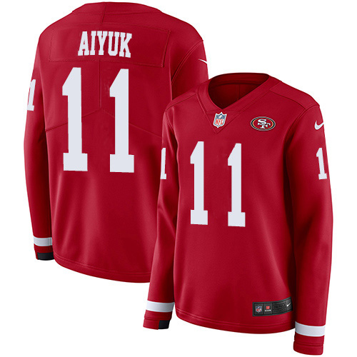 San Francisco 49ers #11 Brandon Aiyuk Red Team Color Women's Stitched Limited Therma Long Sleeve Jersey Womens