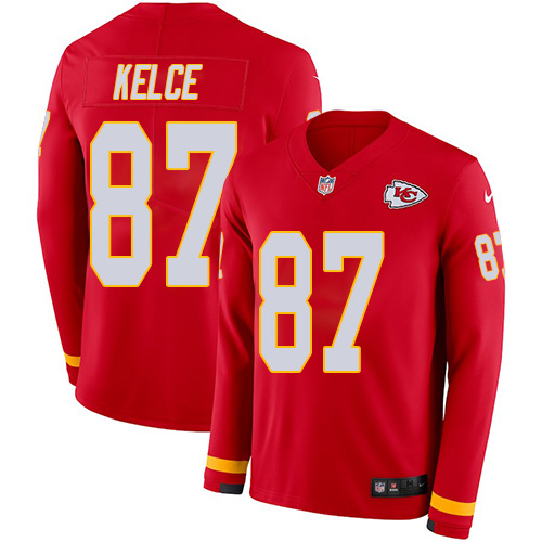 Chiefs #87 Travis Kelce Red Team Color Men's Stitched Limited Therma Long Sleeve Jersey
