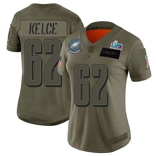 Eagles #62 Jason Kelce Camo Super Bowl LVII Patch Women's Stitched Limited 2019 Salute To Service Jersey