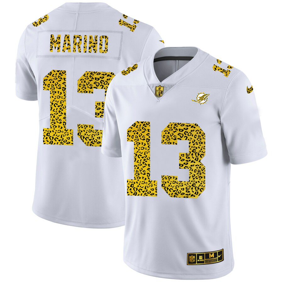 Miami Dolphins #13 Dan Marino Men's Flocked Leopard Print Vapor Limited Jersey White