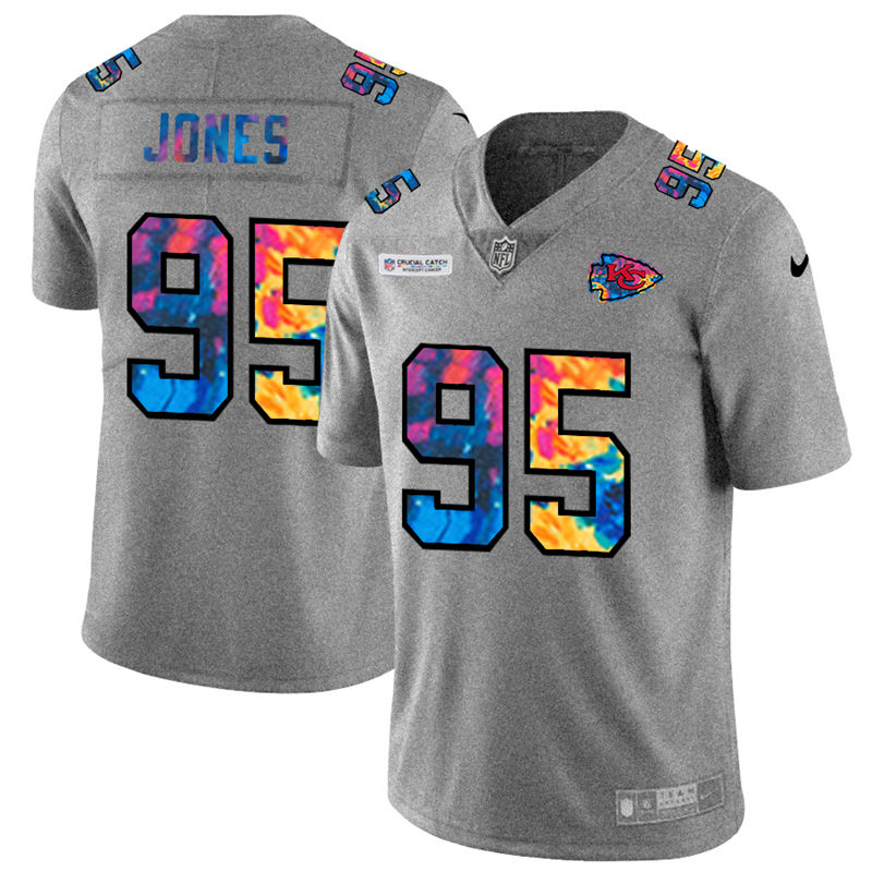 Kansas City Chiefs #95 Chris Jones Men's Multi-Color 2020 Crucial Catch Jersey Greyheather