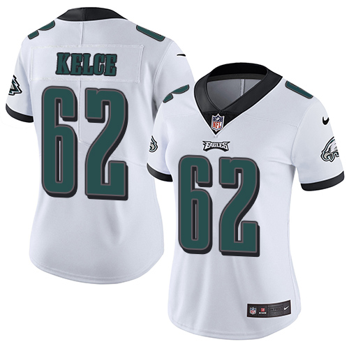 Eagles #62 Jason Kelce White Super Bowl LVII Patch Women's Stitched Vapor Untouchable Limited Jersey