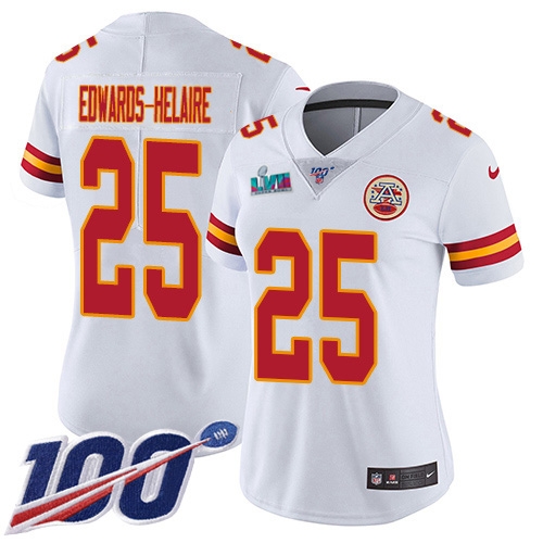 Chiefs #25 Clyde Edwards-Helaire White Super Bowl LVII Patch Women's Stitched 100th Season Vapor Limited Jersey
