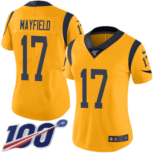Rams #17 Baker Mayfield Gold Women's Stitched Limited Rush 100th Season Jersey