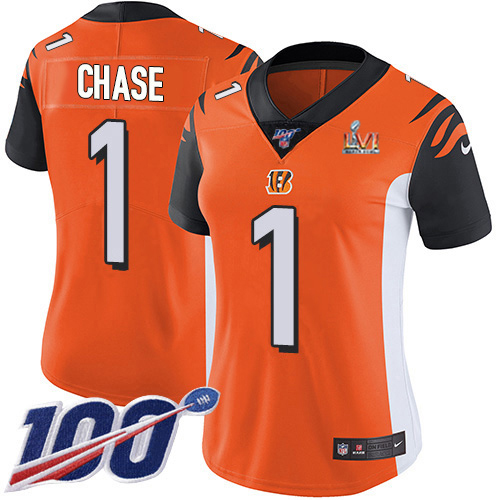 Bengals #1 Ja'Marr Chase Orange Super Bowl LVI Patch Alternate Women's Stitched 100th Season Vapor Untouchable Limited Jersey
