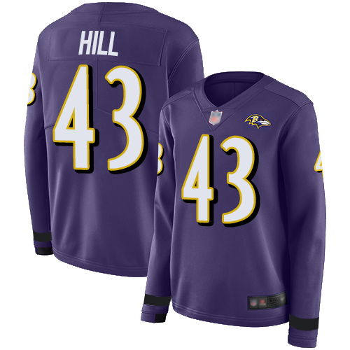 Baltimore Ravens #43 Justice Hill Purple Team Color Women's Stitched Limited Therma Long Sleeve Jersey Womens