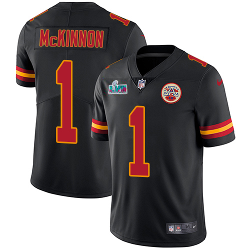Chiefs #1 Jerick McKinnon Black Super Bowl LVII Patch Men's Stitched Limited Rush Jersey