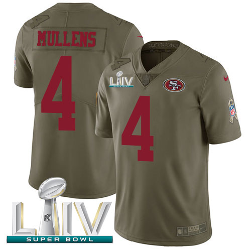San Francisco 49ers #4 Nick Mullens Olive Super Bowl LIV 2020 Youth Stitched Limited 2017 Salute To Service Jersey Youth