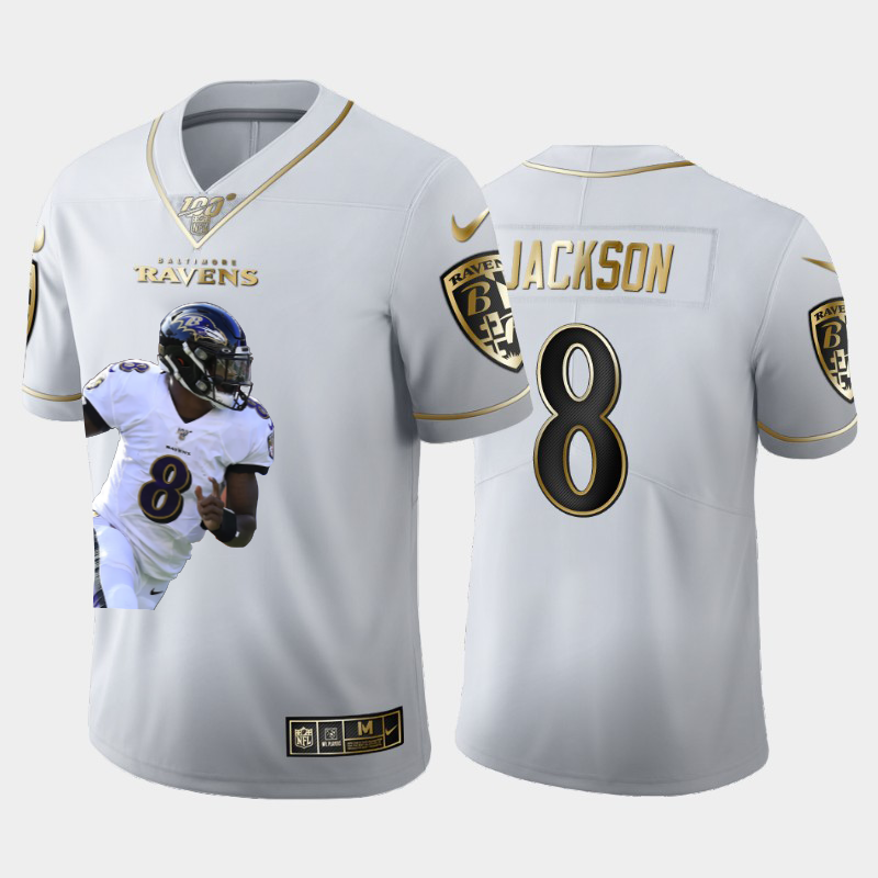 Baltimore Ravens #8 Lamar Jackson Team Hero 1 Vapor Limited 100 Jersey White Golden