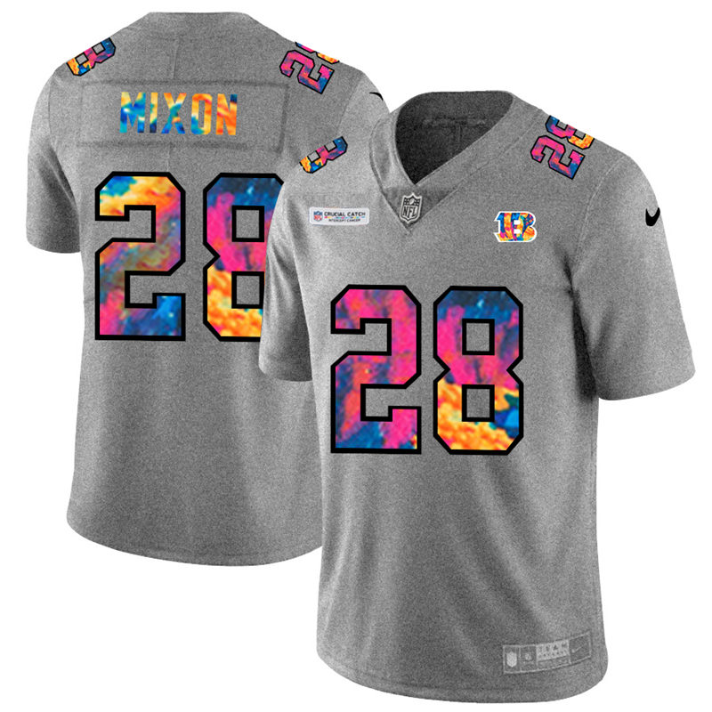 Cincinnati Bengals #28 Joe Mixon Men's Multi-Color 2020 Crucial Catch Jersey Greyheather