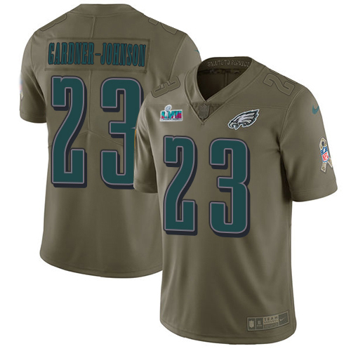 Eagles #23 C.J. Gardner-Johnson Olive Super Bowl LVII Patch Men's Stitched Limited 2017 Salute To Service Jersey